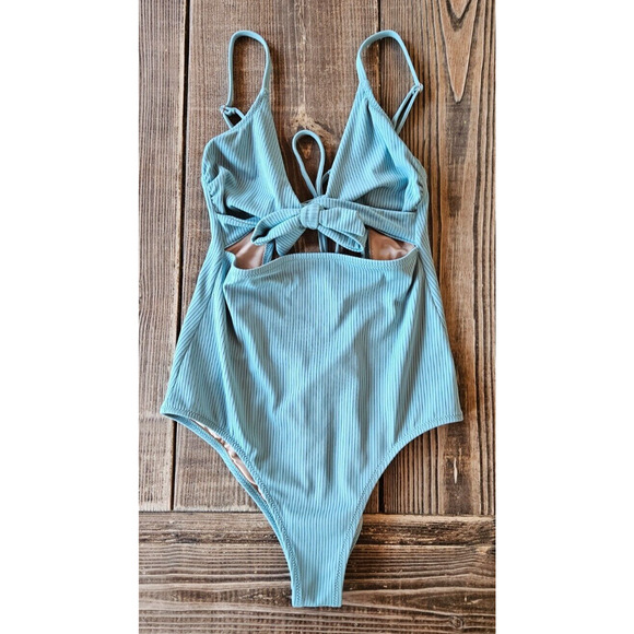 Shade & Shore Womens One Piece Swimsuit Small Blue Ribbed Knit Cutout Tie Beach - Picture 1 of 8